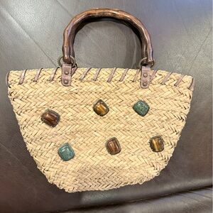 Nine West Natural Woven Straw Tote with Brown Handles and Green & Amber Accents